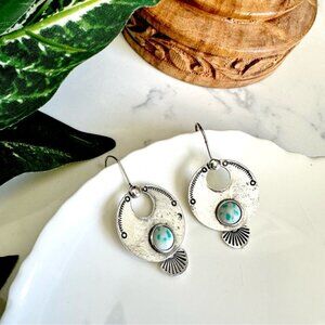 Silver Etched Metal Earrings Circle White Turquoise Southwestern Bohemian NEW